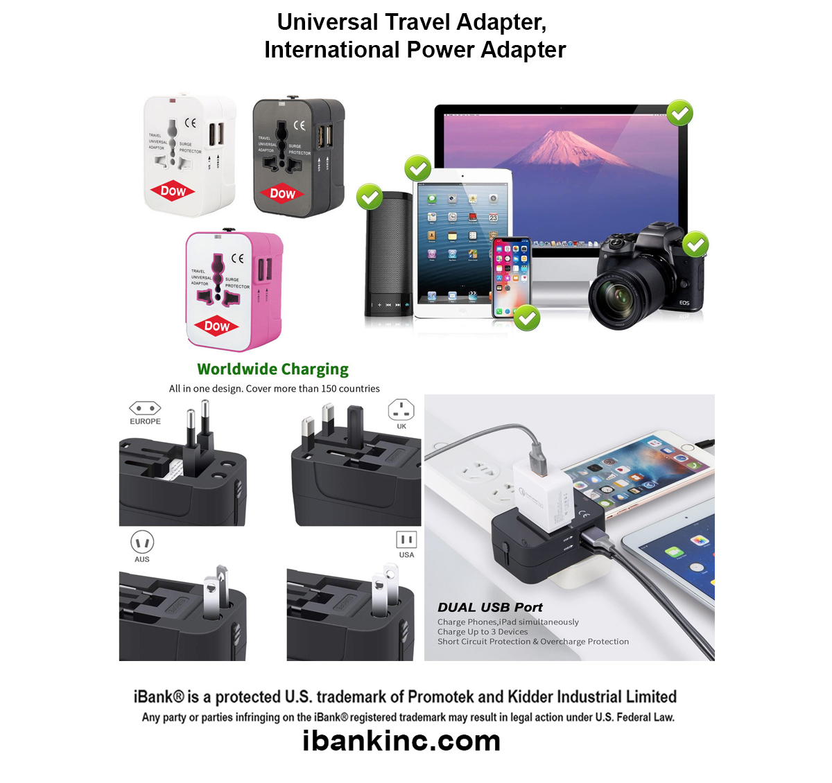 iBank® Universal Travel Adapter USB C, All in One Worldwide Plug Adapter 1