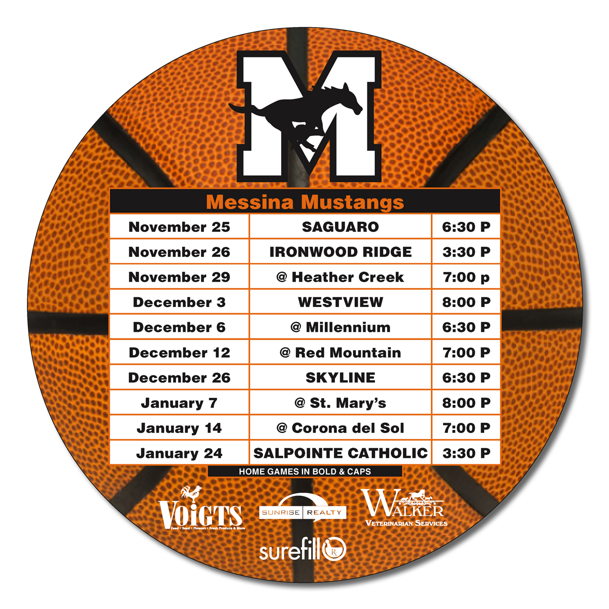 Basketball Schedules Magnet - 5.25 Inch Diameter Circle - 20 mil. 3