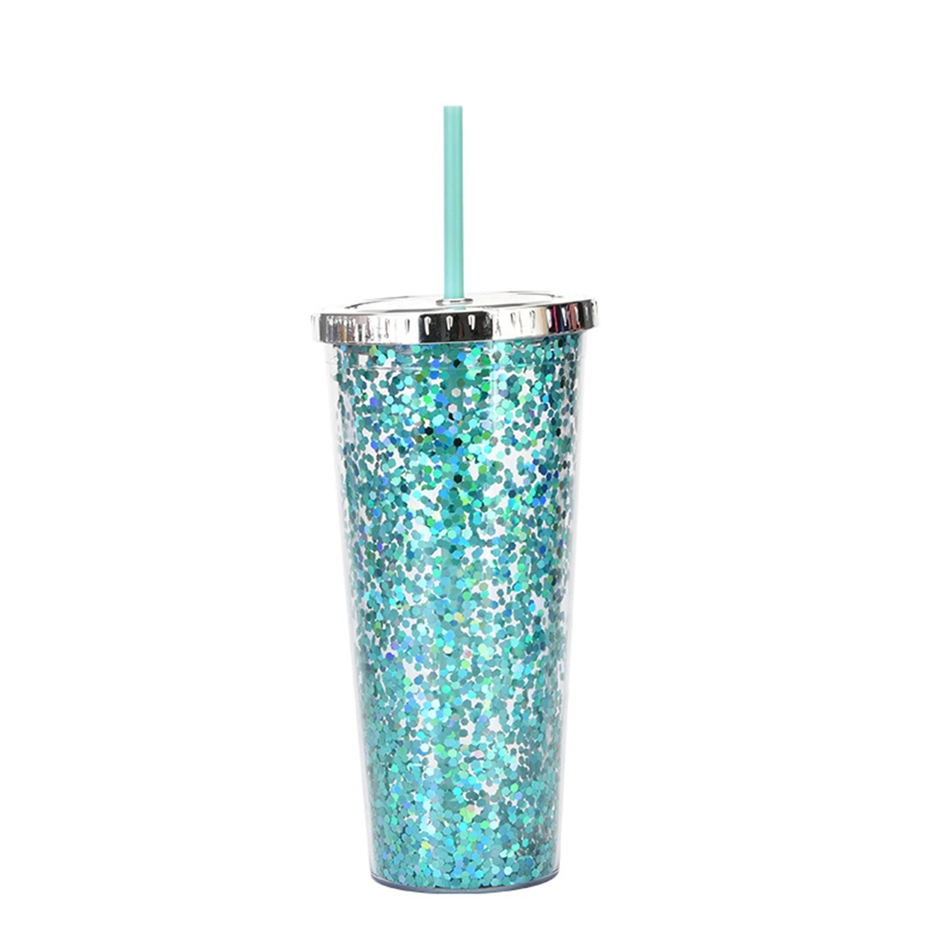24 Oz. Double Wall Insulated Plastic Glitter Straw Mug 13