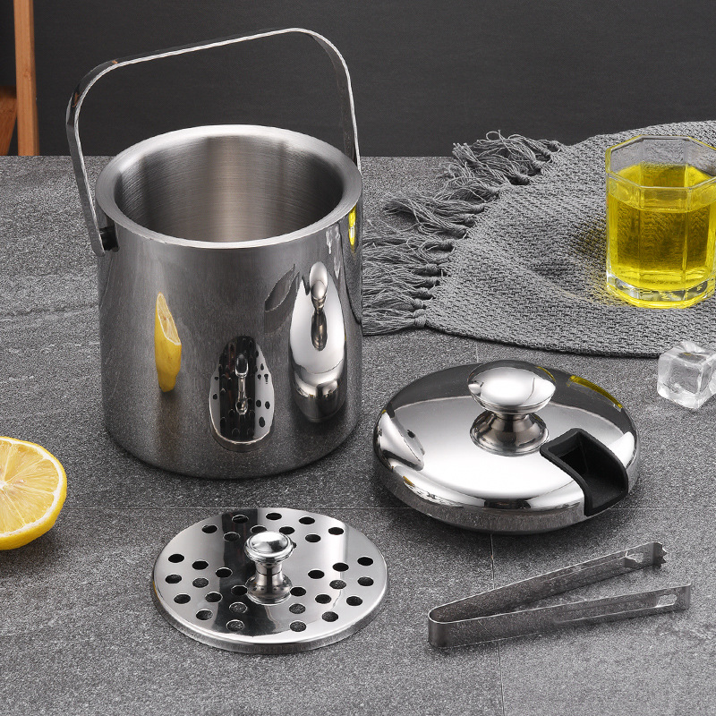 Double Wall Stainless Steel Insulated Ice Bucket with Lid Strainer and Tongs 3