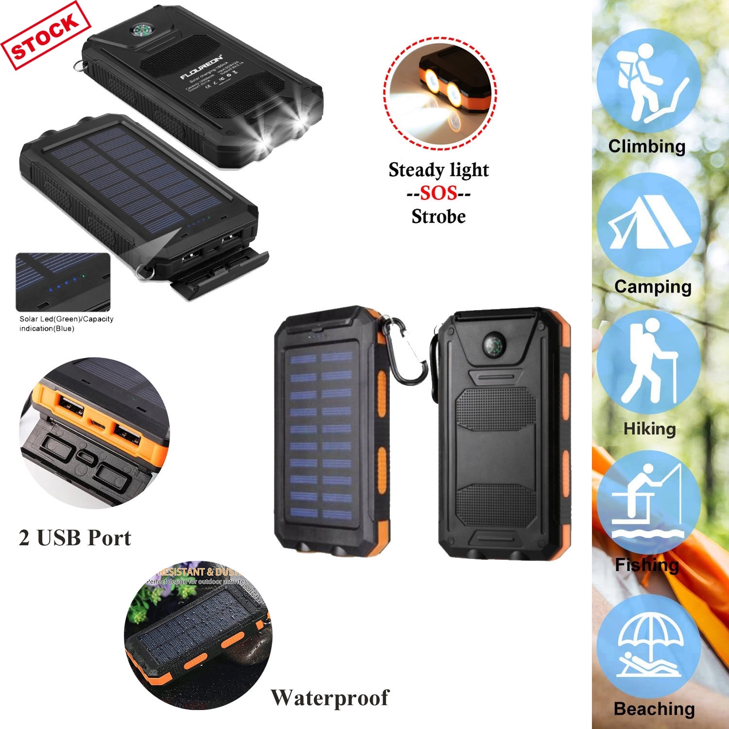 Quick Shipping 10,000mAh Waterproof Solar Power Bank 2