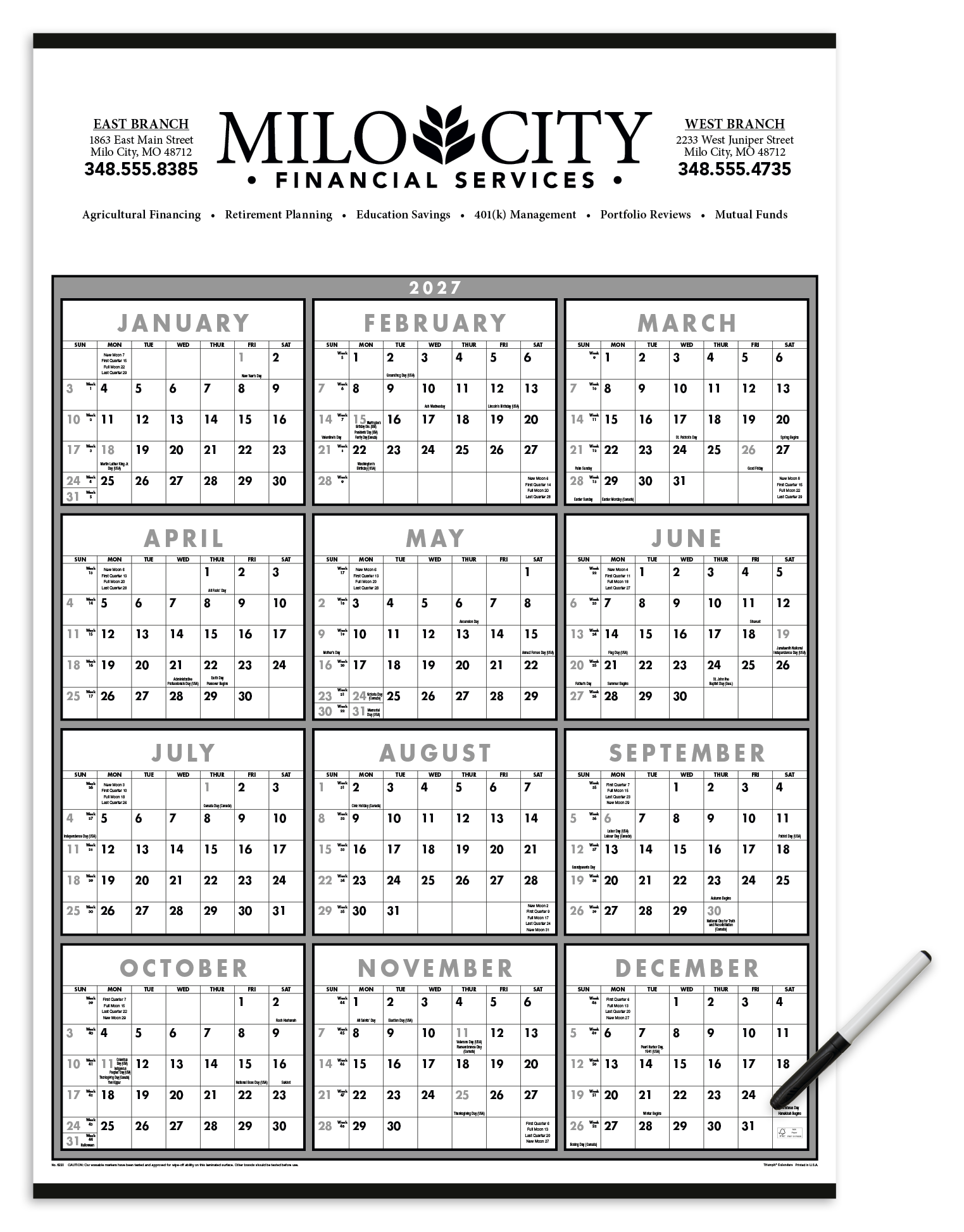 Triumph® Calendars Black & White Span-A-Year Laminated w/Marker Calendar 16