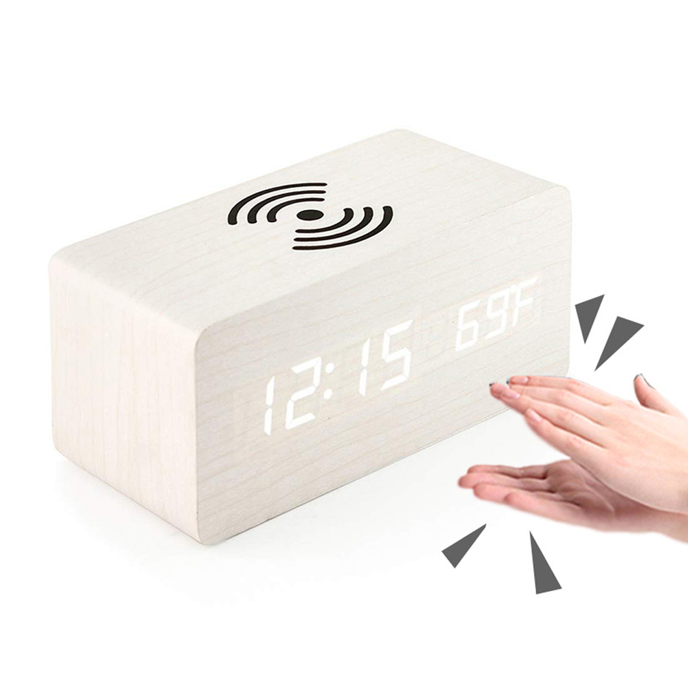 Wooden LED Alarm Clock with Wireless Charger 3