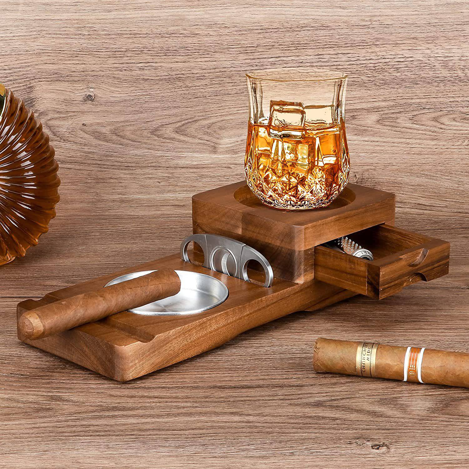 Drawer Style Cigar Cutter Whiskey Cup Holder Wooden Ashtray 4