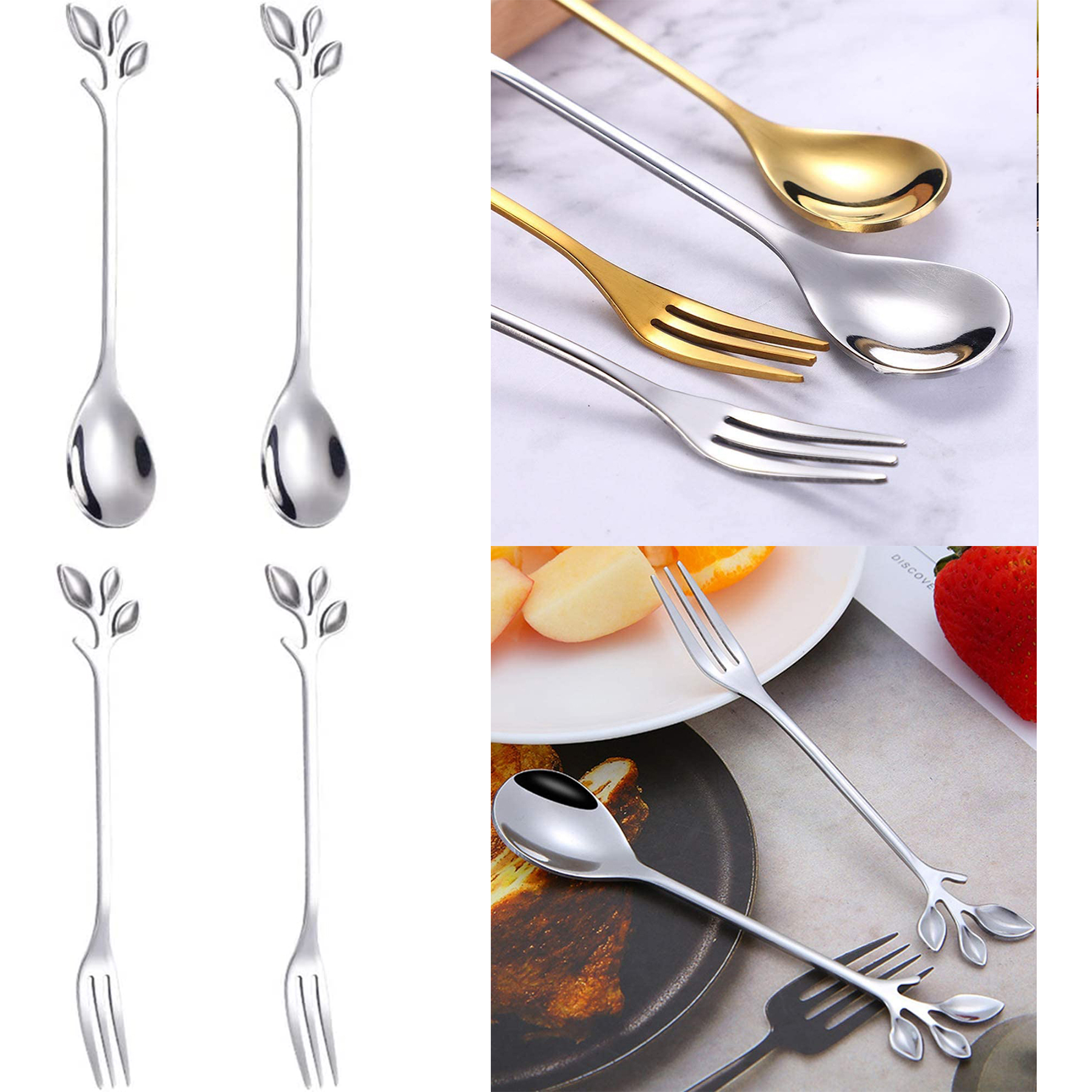 Stainless Steel Silver Leaf Coffee Spoon Appetizer Fork 2