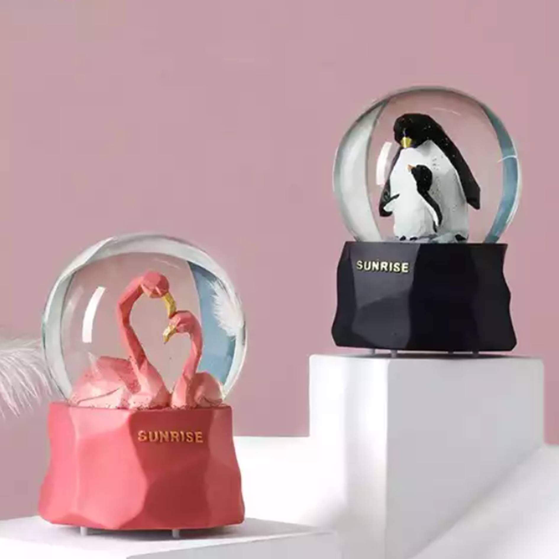 Custom Flamingo & Penguin Snow Globe 1
