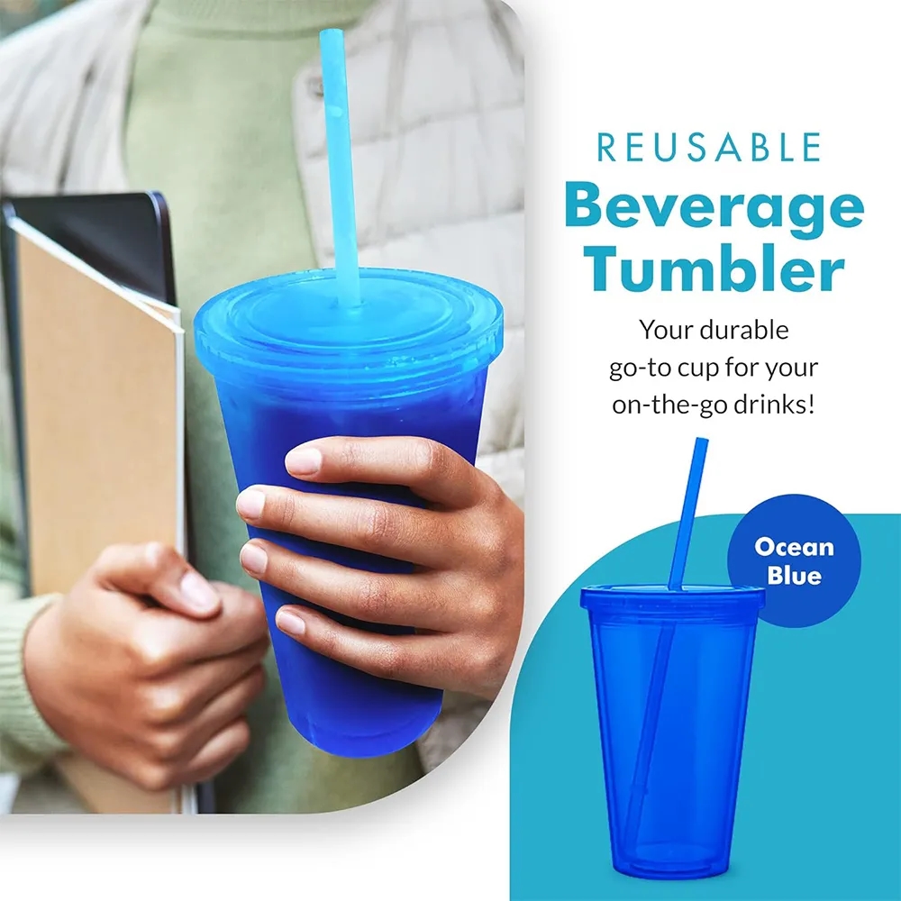 16oz. Double Wall Plastic Tumblers with Straw and Lid 3
