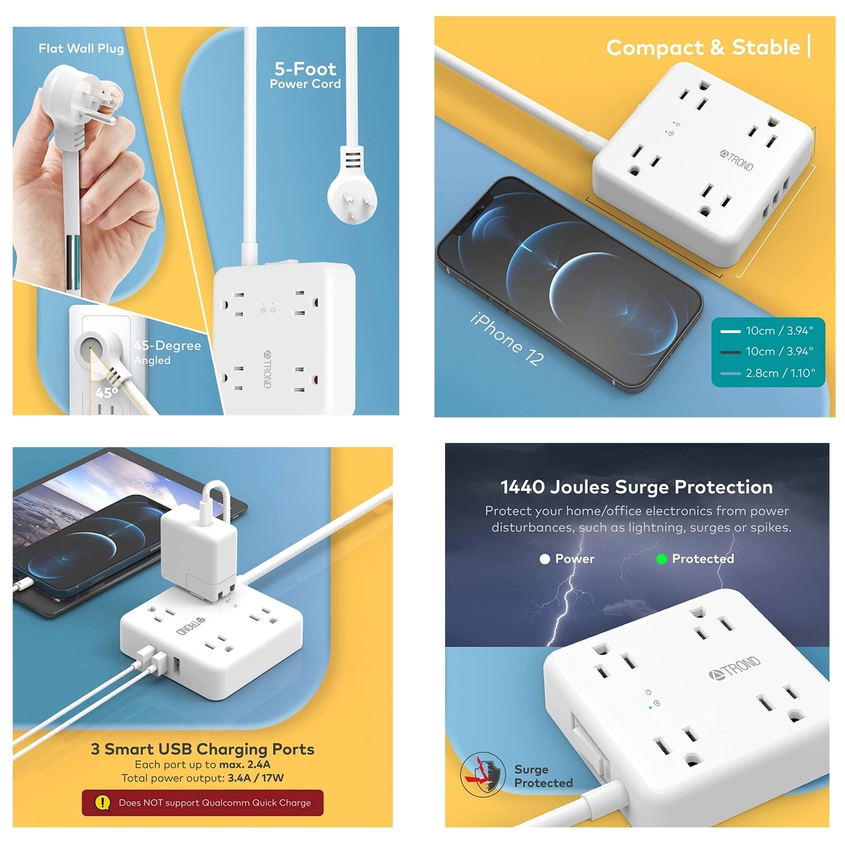 Power Strip with USB Surge Protector Flat Plug 4