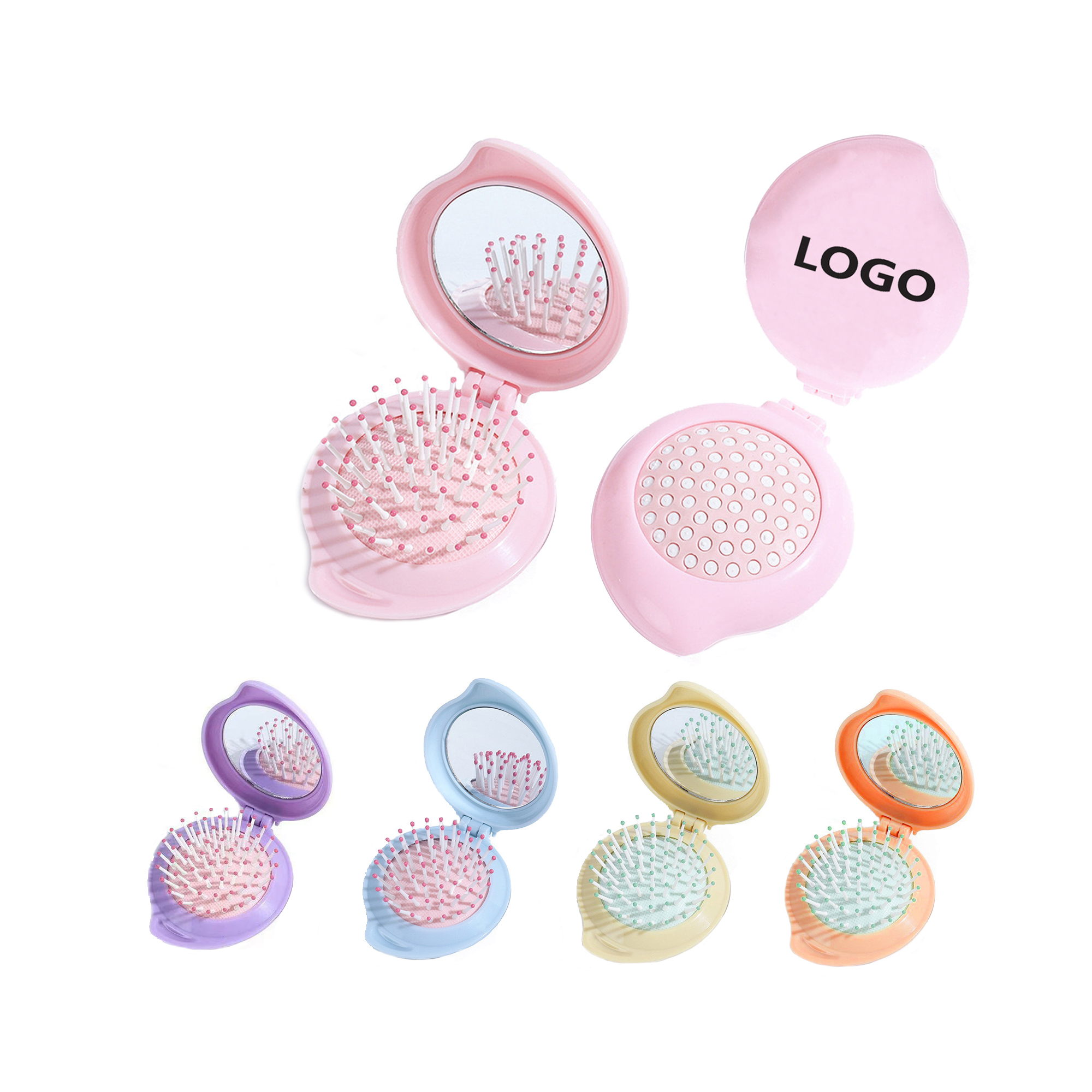 Peach Shape Folding Hair Brush With Mirror 2