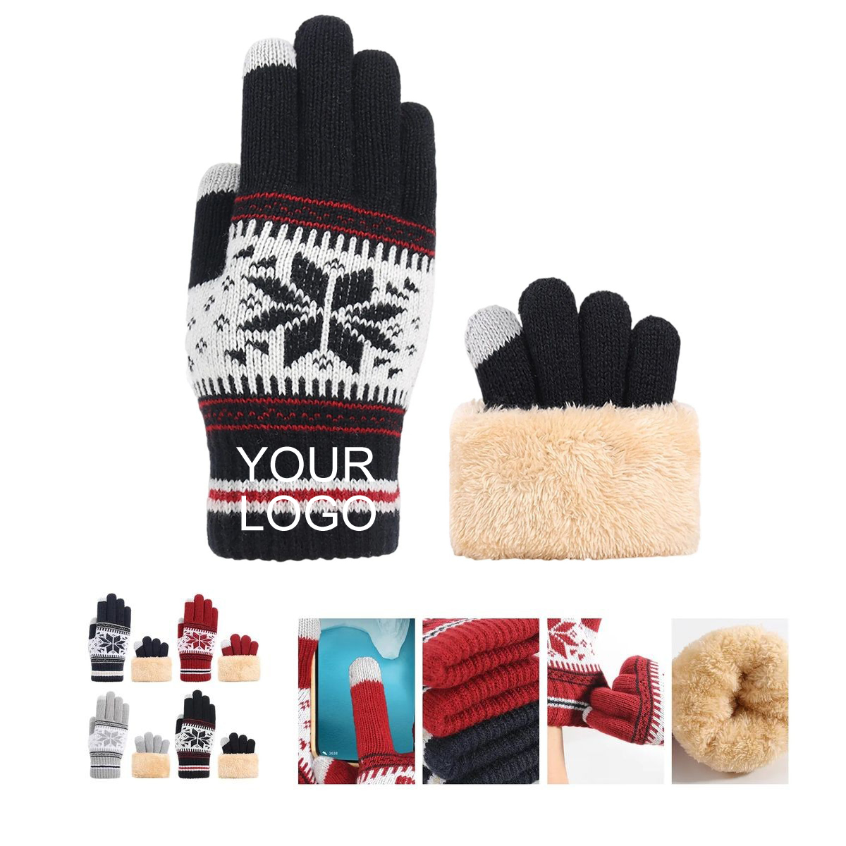 Custom Touchscreen Gloves with Snowflake Print and Logo Imprint 2