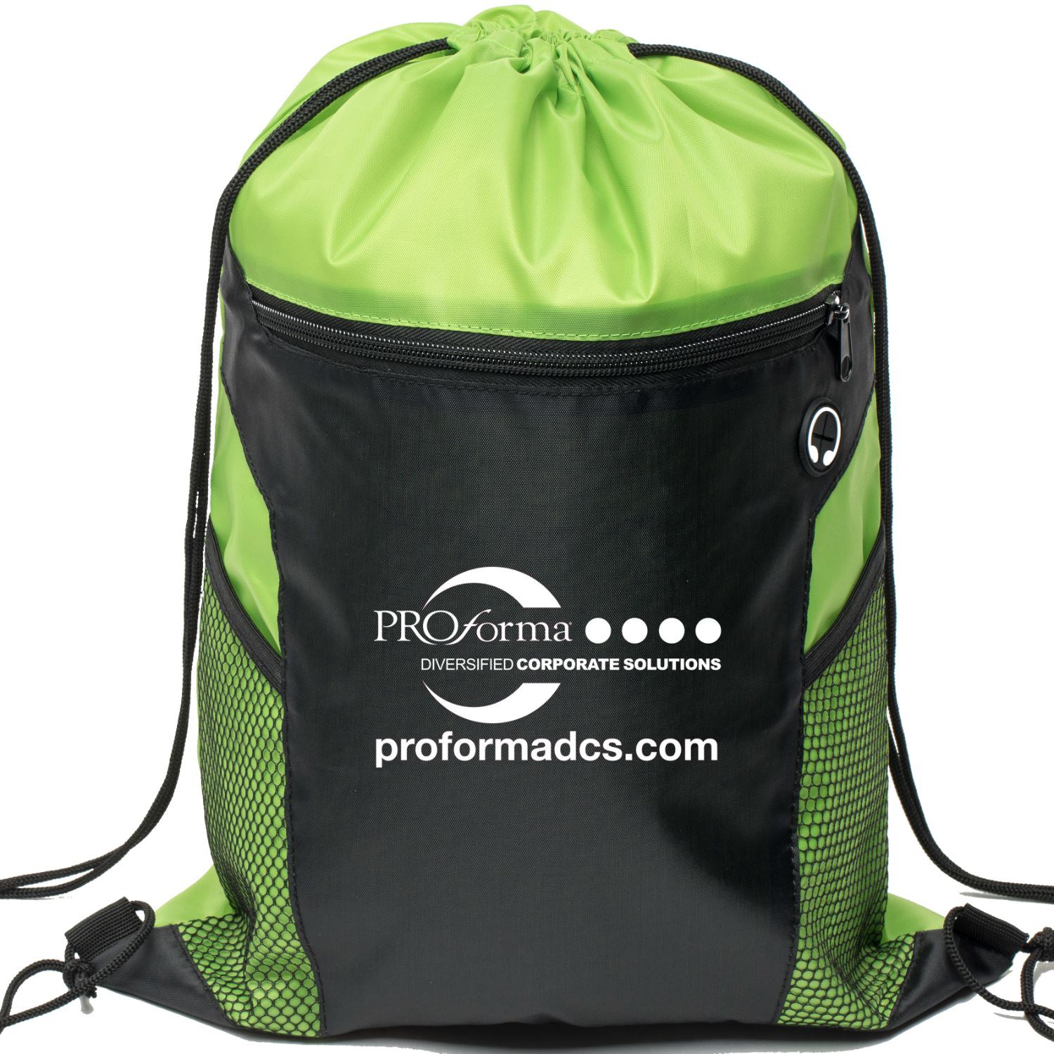 Two-Tone Front Zipper Drawstring Bag with Side Mesh Pocket and Earphone Slot (14" x 18") 7