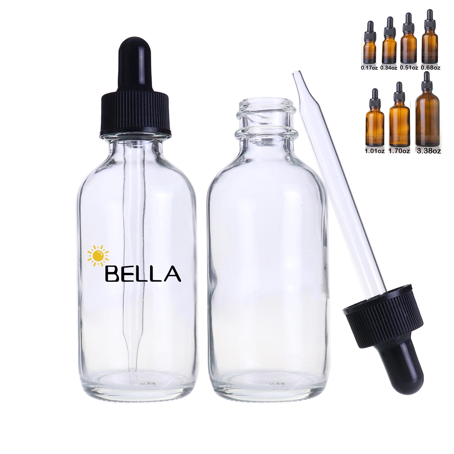 Clear Glass Boston Round Bottles With White Bulb Droppers 3