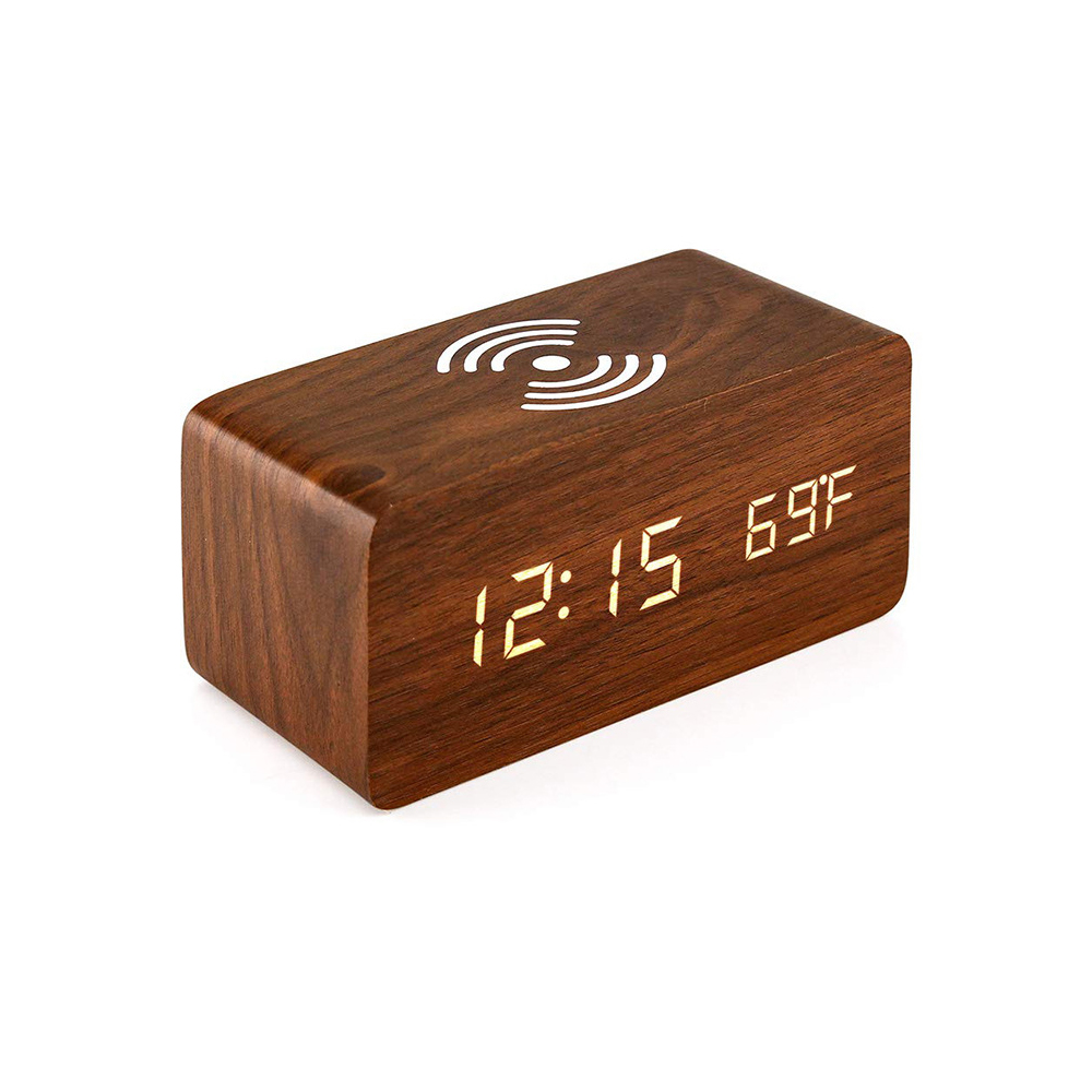 Wooden LED Alarm Clock with Wireless Charger 6