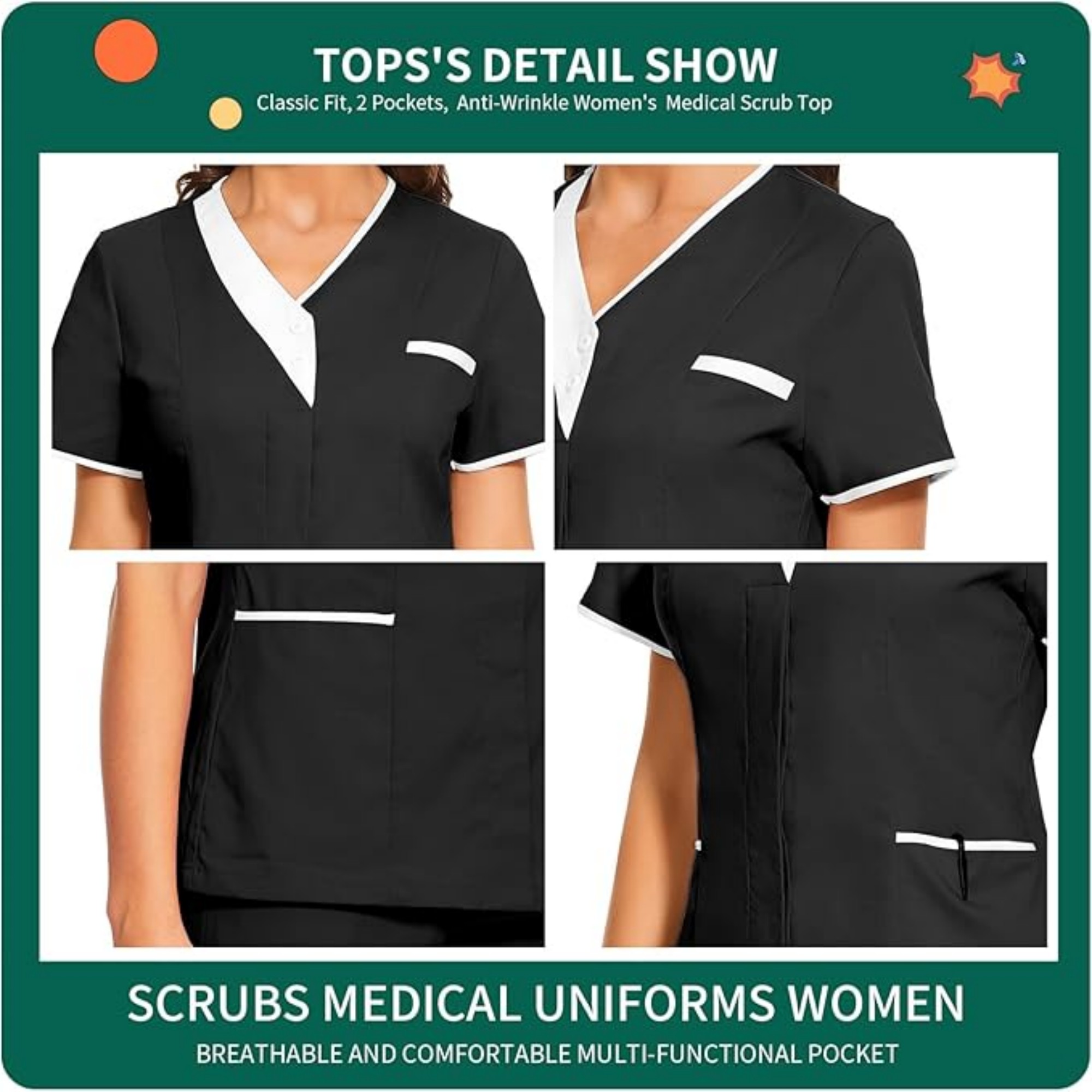 Solid Women V Neck Working Uniform With Pockets 4