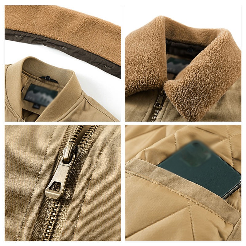 Men's Winter Bomber Jacket Oversized Fleece Outerwear with Zipper Closure and Patches 3