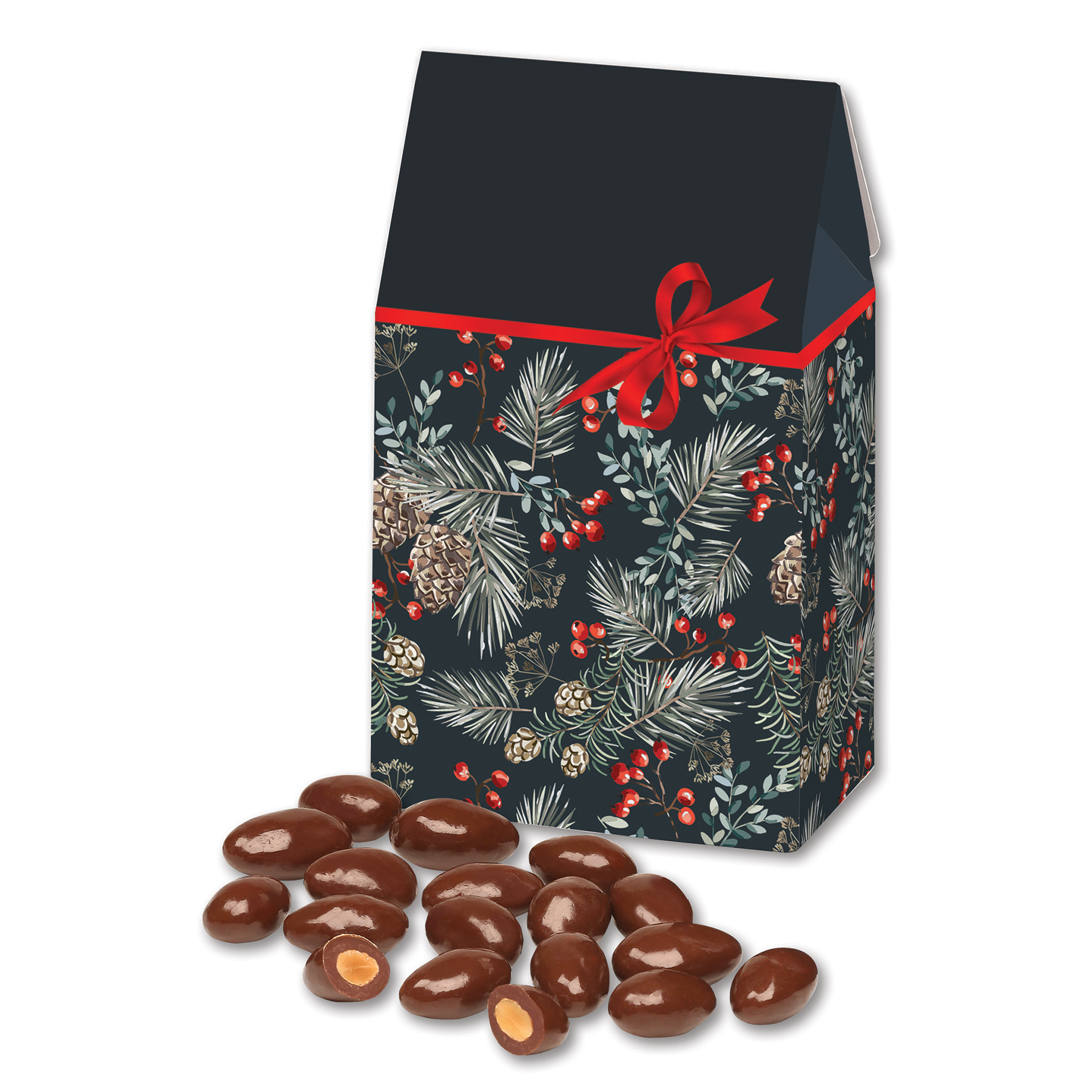 Chocolate Covered Almonds in Pine Boughs & Berries Gable Top Gift Box 3
