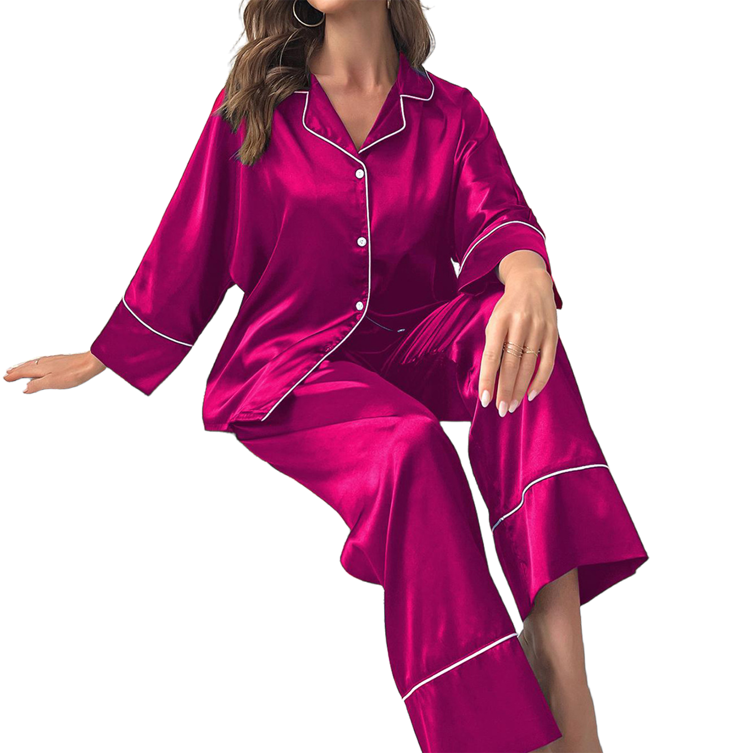 Women Sexy Color Solid Satin Long Sleeve Pants Pajama Set 7