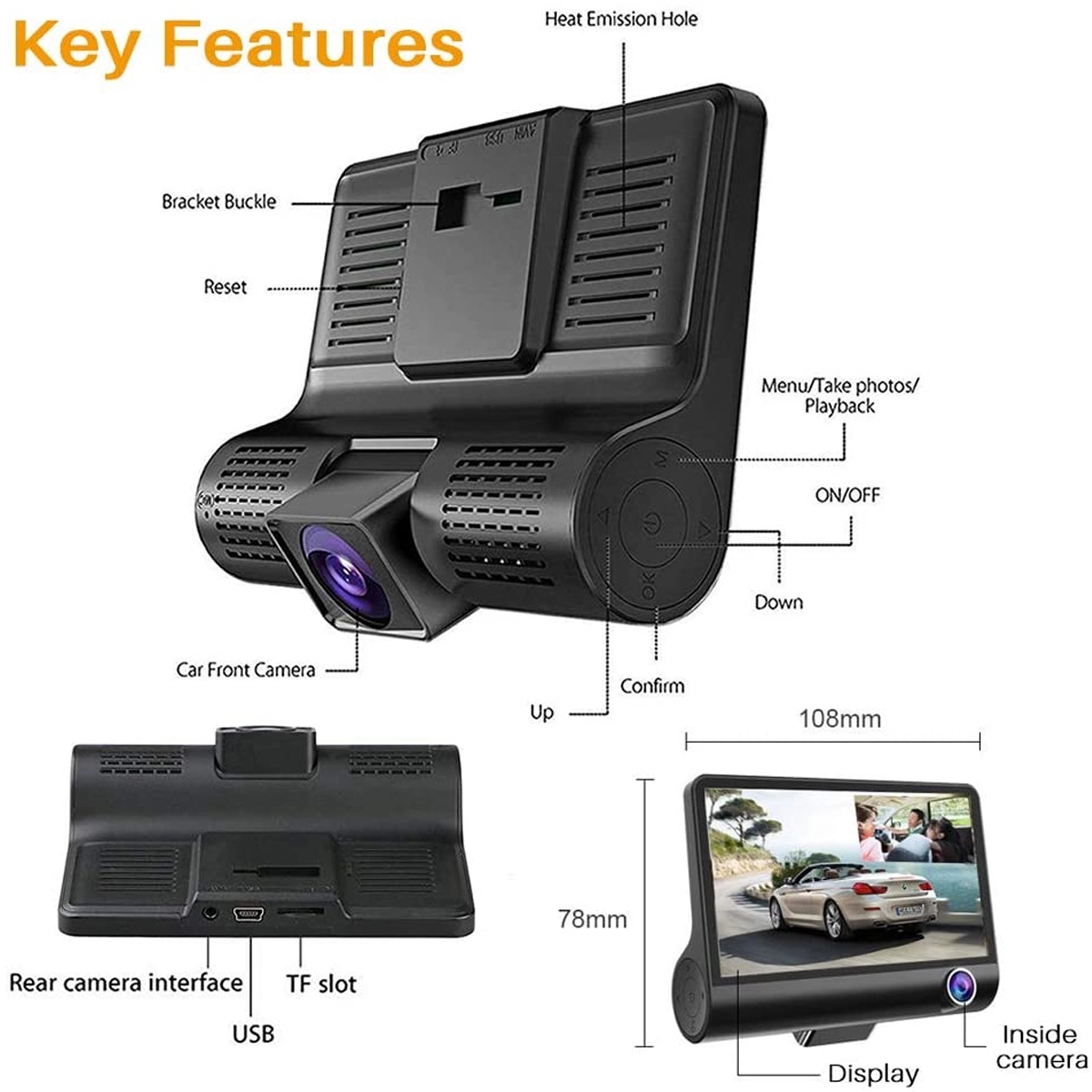 3 Lens Cameras Car Dash Cam with 4 inch Reverse Full Screen 2