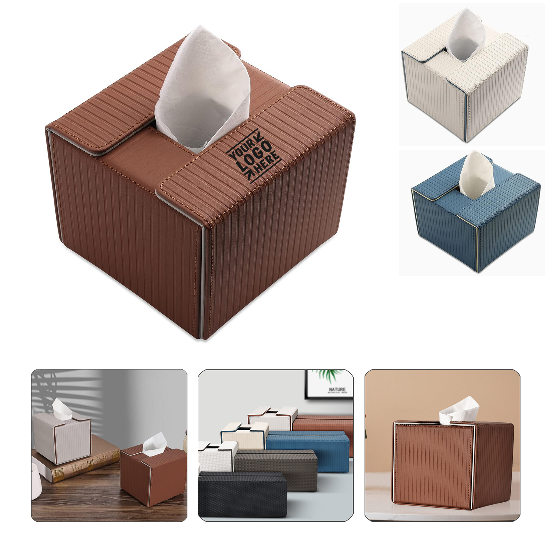 Car Bathroom Office Reversible Kleenex Tissue Box Cover Square PU Leather Tissue Box Holder Cube
