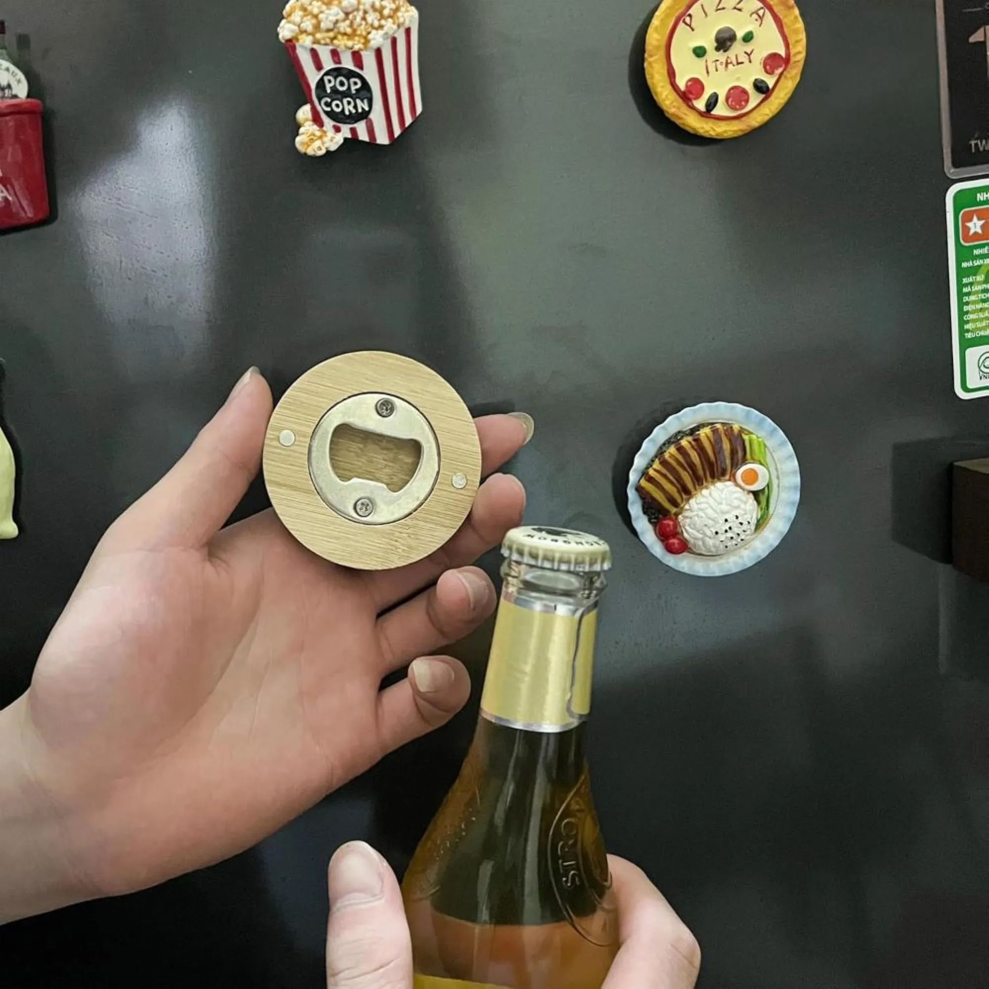 Circular Bamboo And Wood Fridge Magnet Corkscrew 3