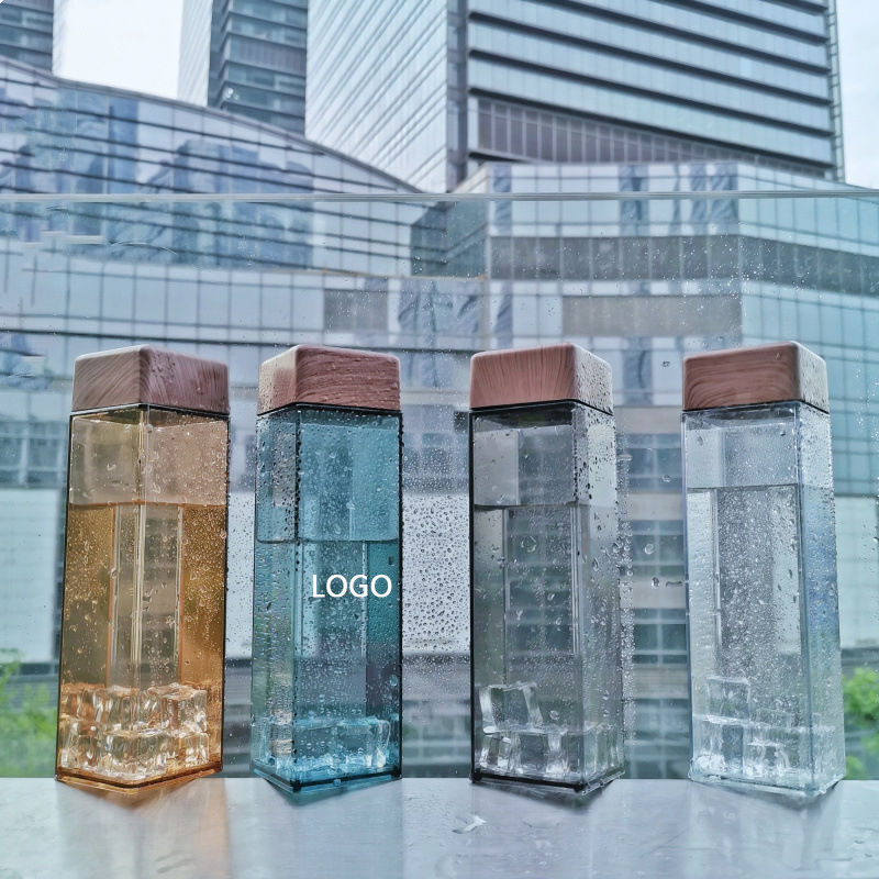 Square Shape Water Bottles With Wood Grain Lid 5