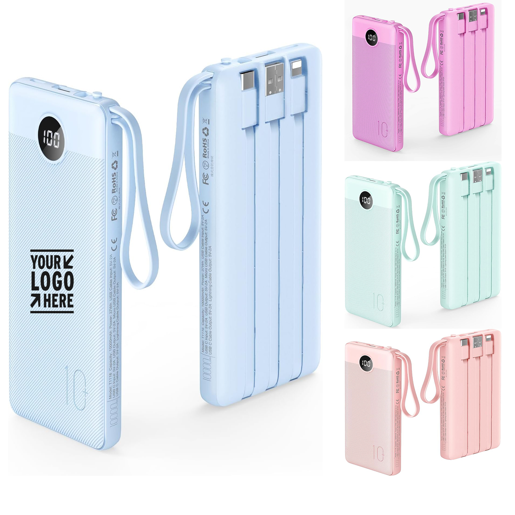 Portable Built-in Cables 10000mAh AC Wall Plug USB Type C LED Display Phone Charger Power Bank 2