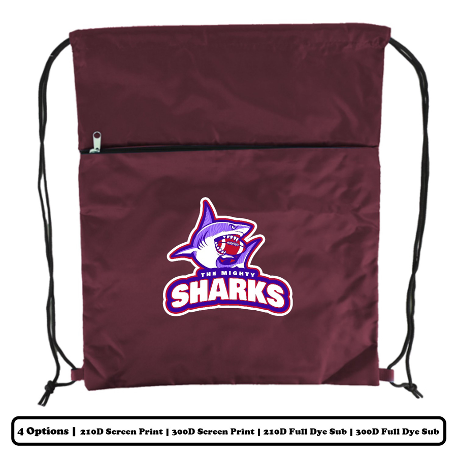 Polyester Drawstring Bag w/ Horizontal-Zip Pocket w/ Custom