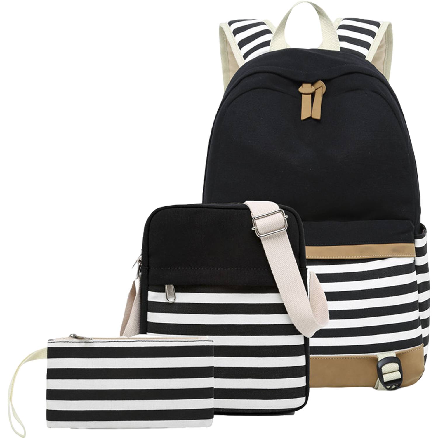 3Pcs Women Lightweight Stripe Canvas Backpack Set 1