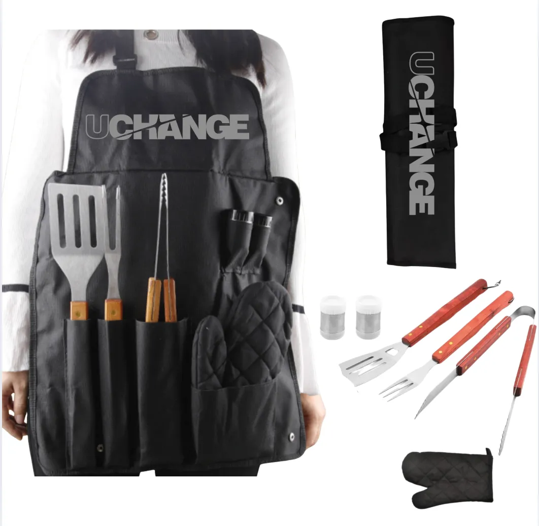 6-Piece BBQ Tool Apron Set with Wood Handles 2