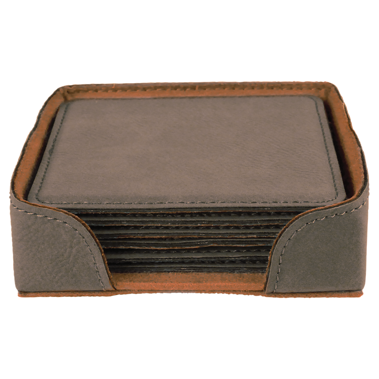 4" x 4" Gray Square Leatherette 6-Coaster Set 3