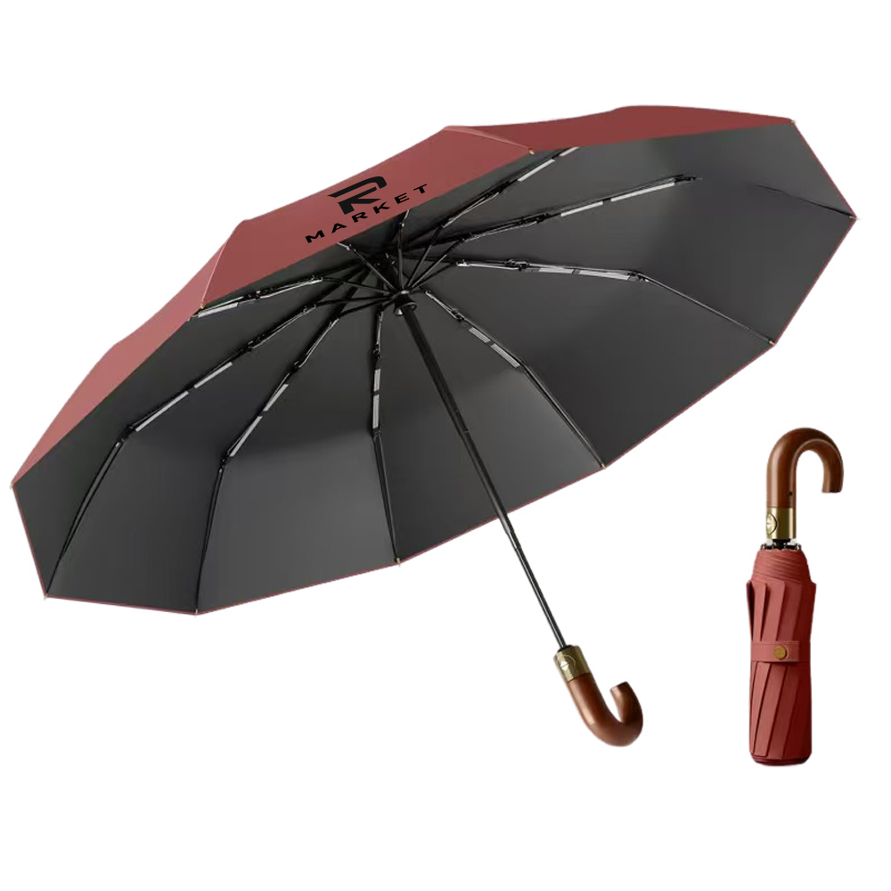 Ergonomic Solid Wood Handle Auto-Folding Umbrella 2