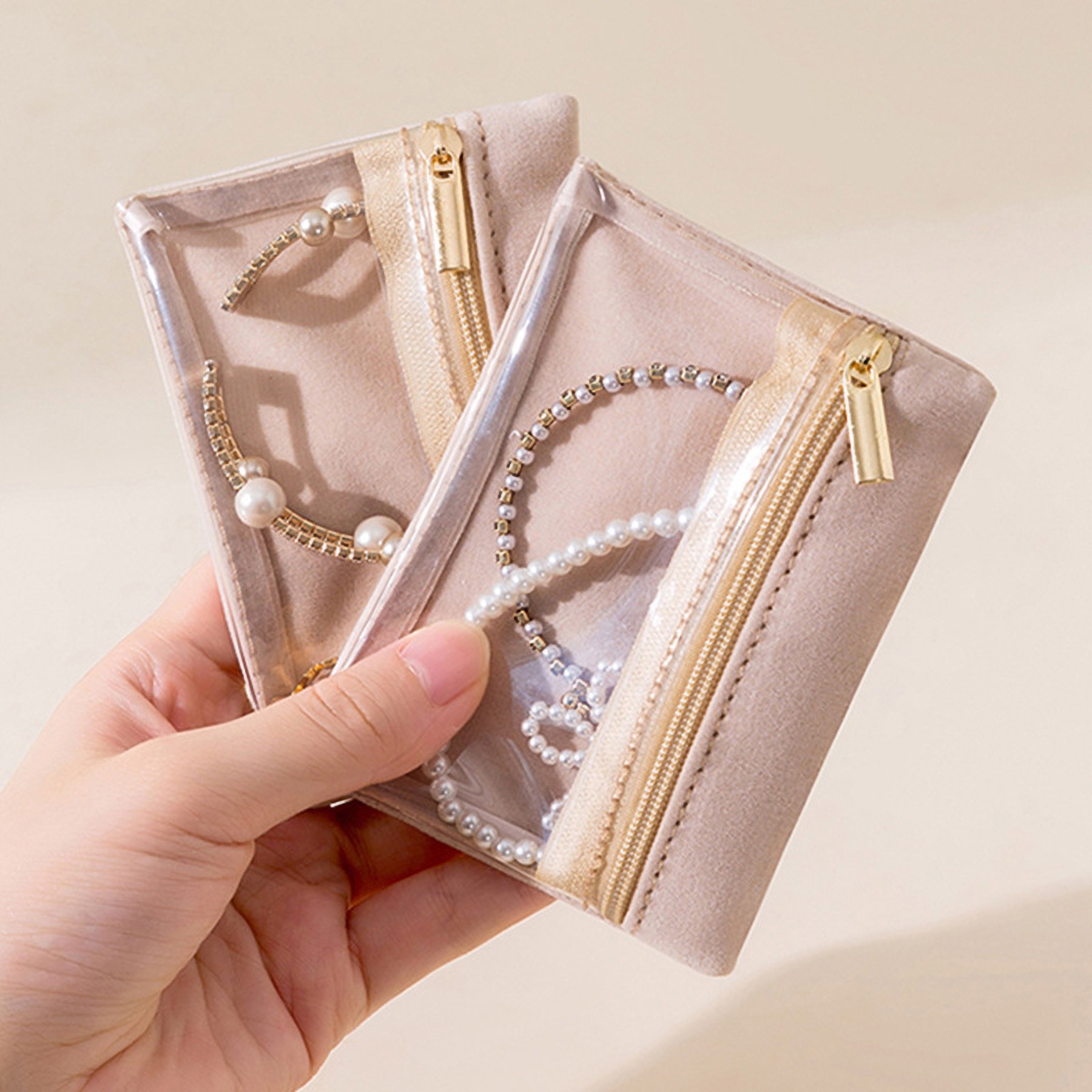 Clear Velvet Zipper Pockets Jewelry Storage Bag 4