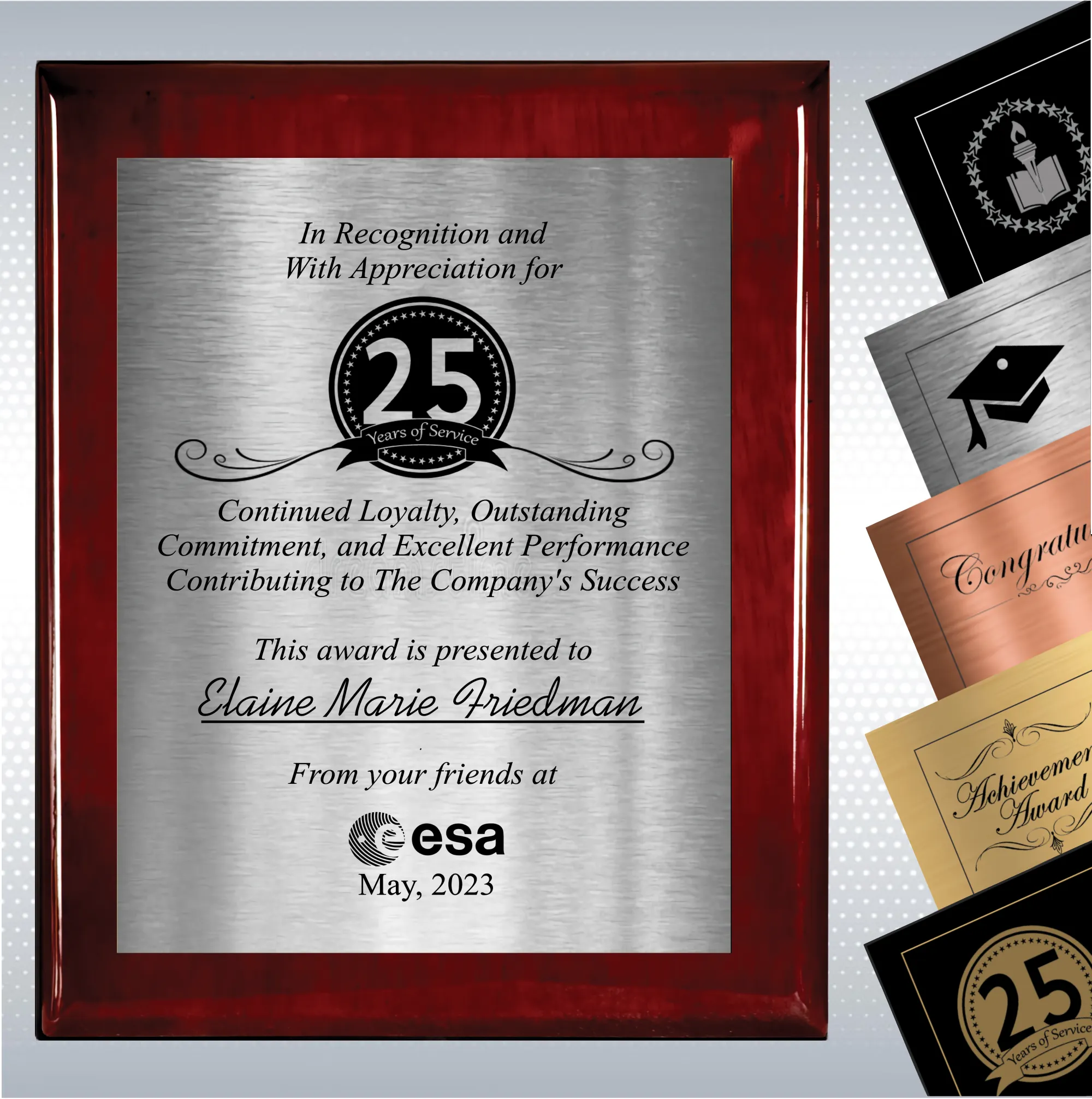 Rosewood Piano Finish Wood Plaque  Years of Service Award 17