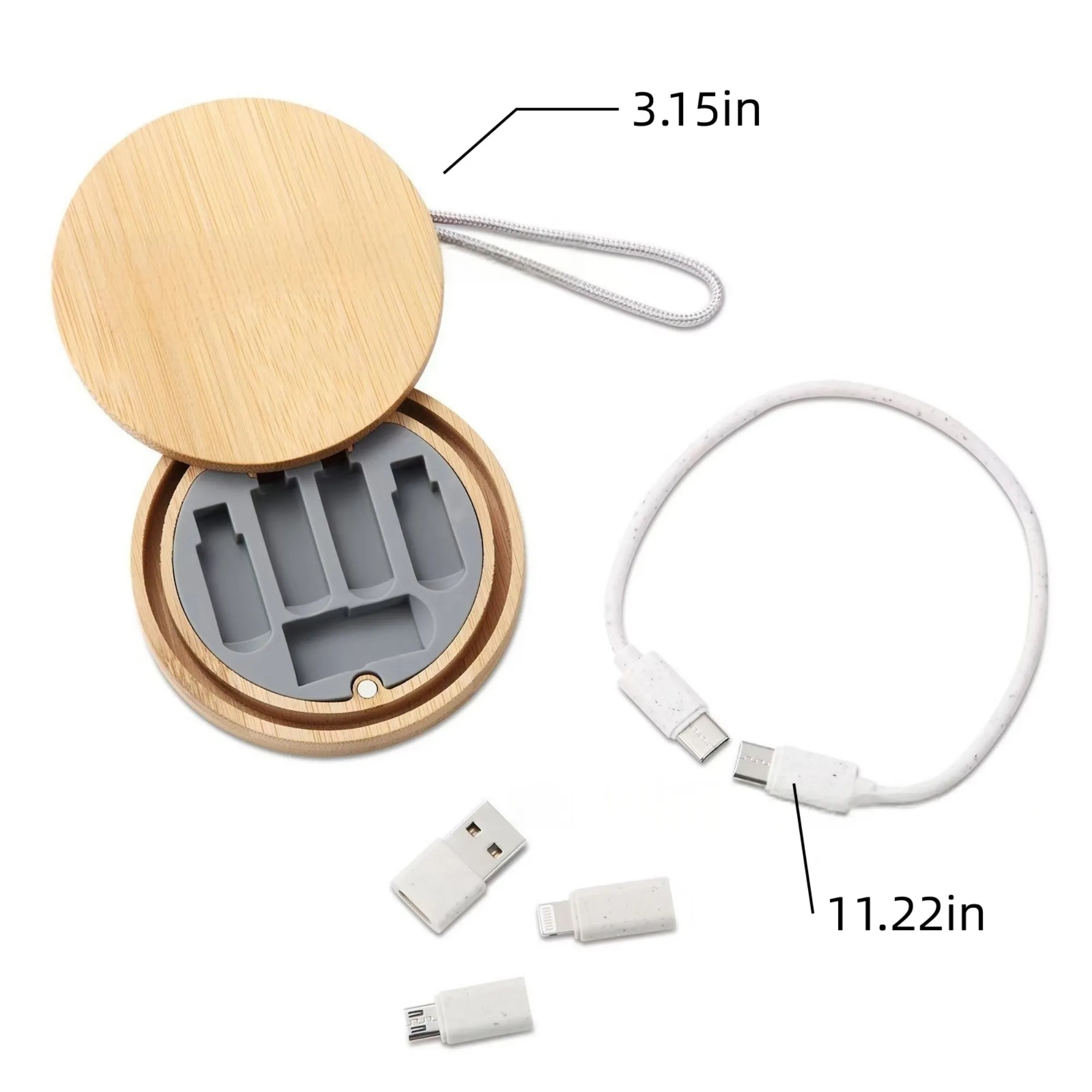 Round Bamboo Multi USB Charging Cable Adapter Kit 3