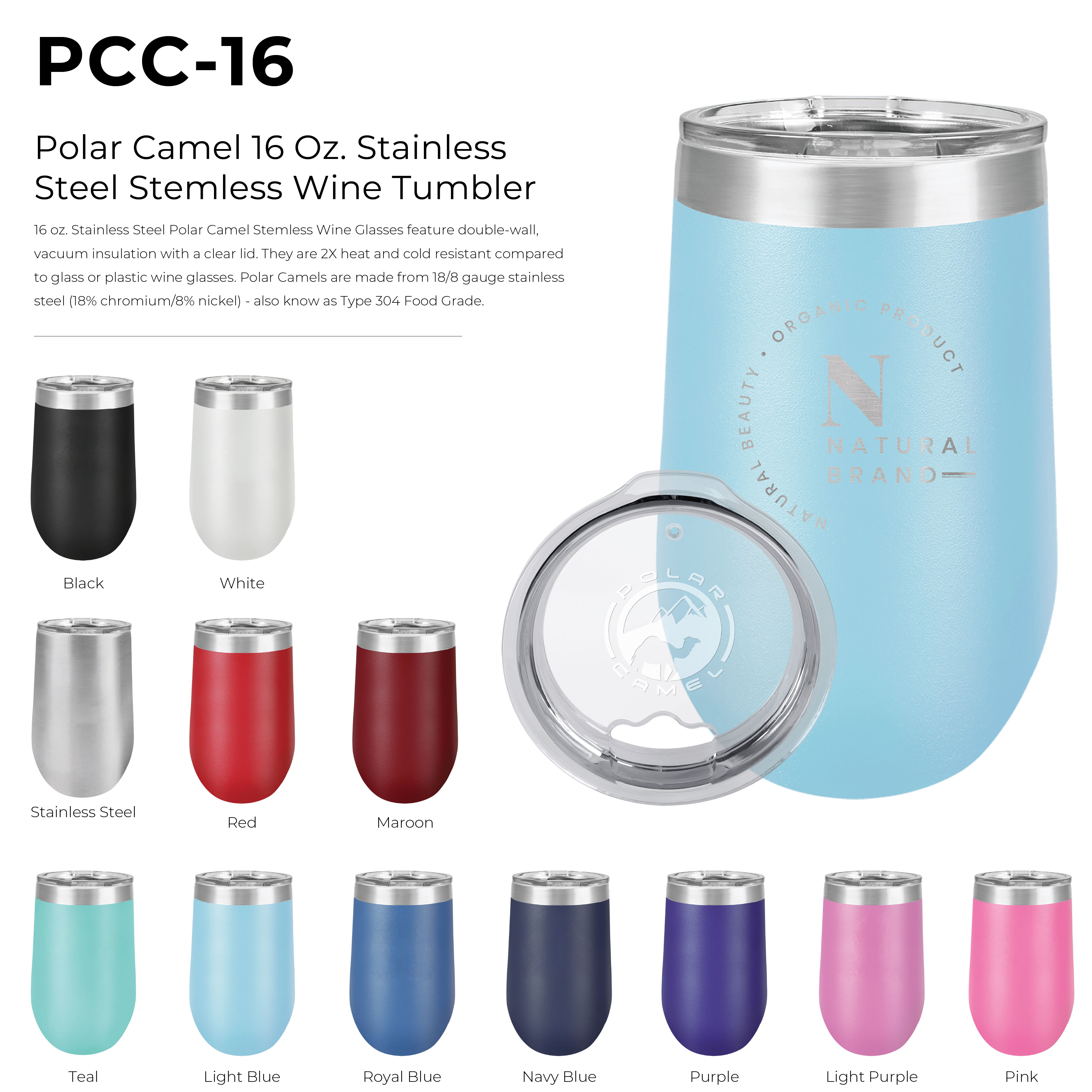 Polar Camel 16 Oz. Stainless Steel Stemless Wine Glass 53