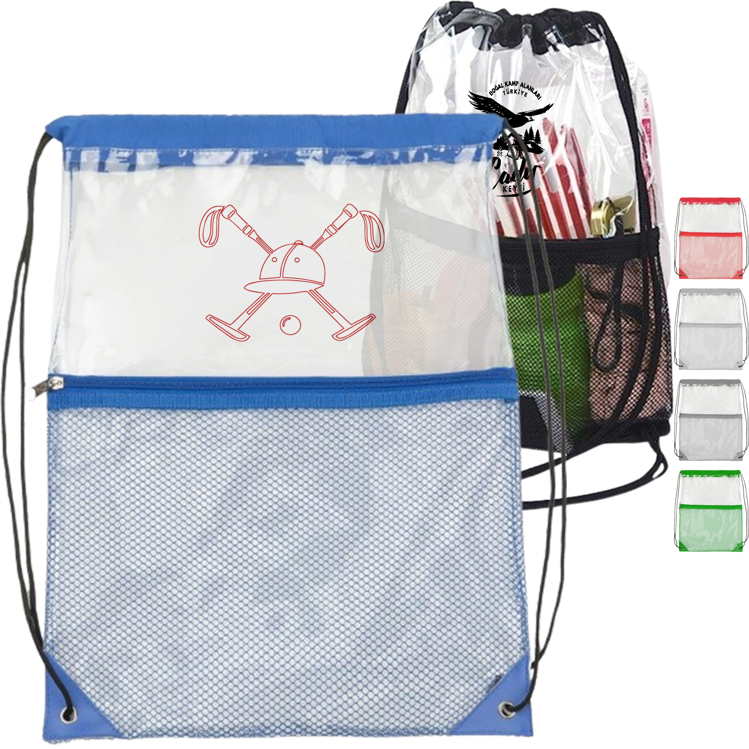 Cinch Sacks Backpack Clear PVC Drawstring Bag with Front Zipper Mesh Pocket 11