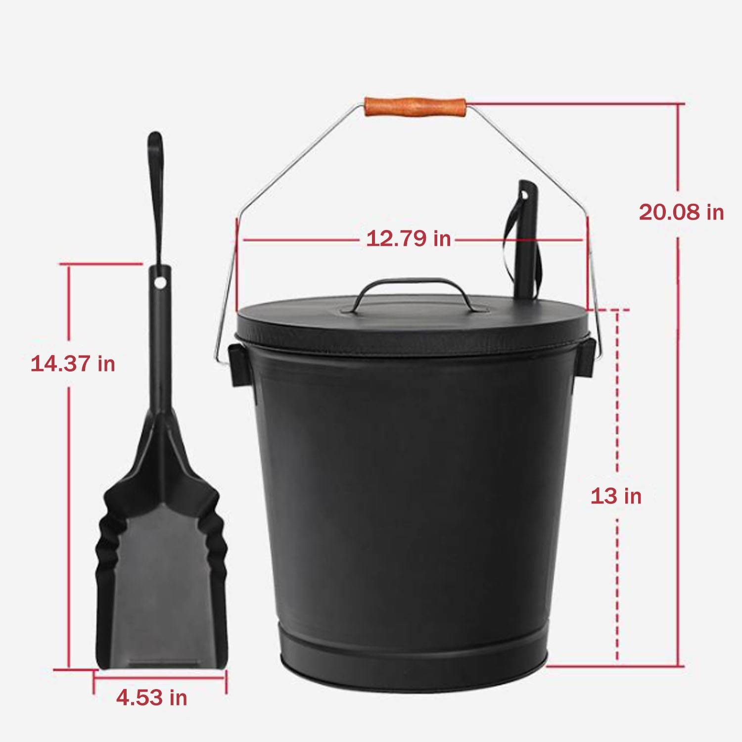 Durable Steel Fireplace Ash Bucket w/ Lid and Shovel 7