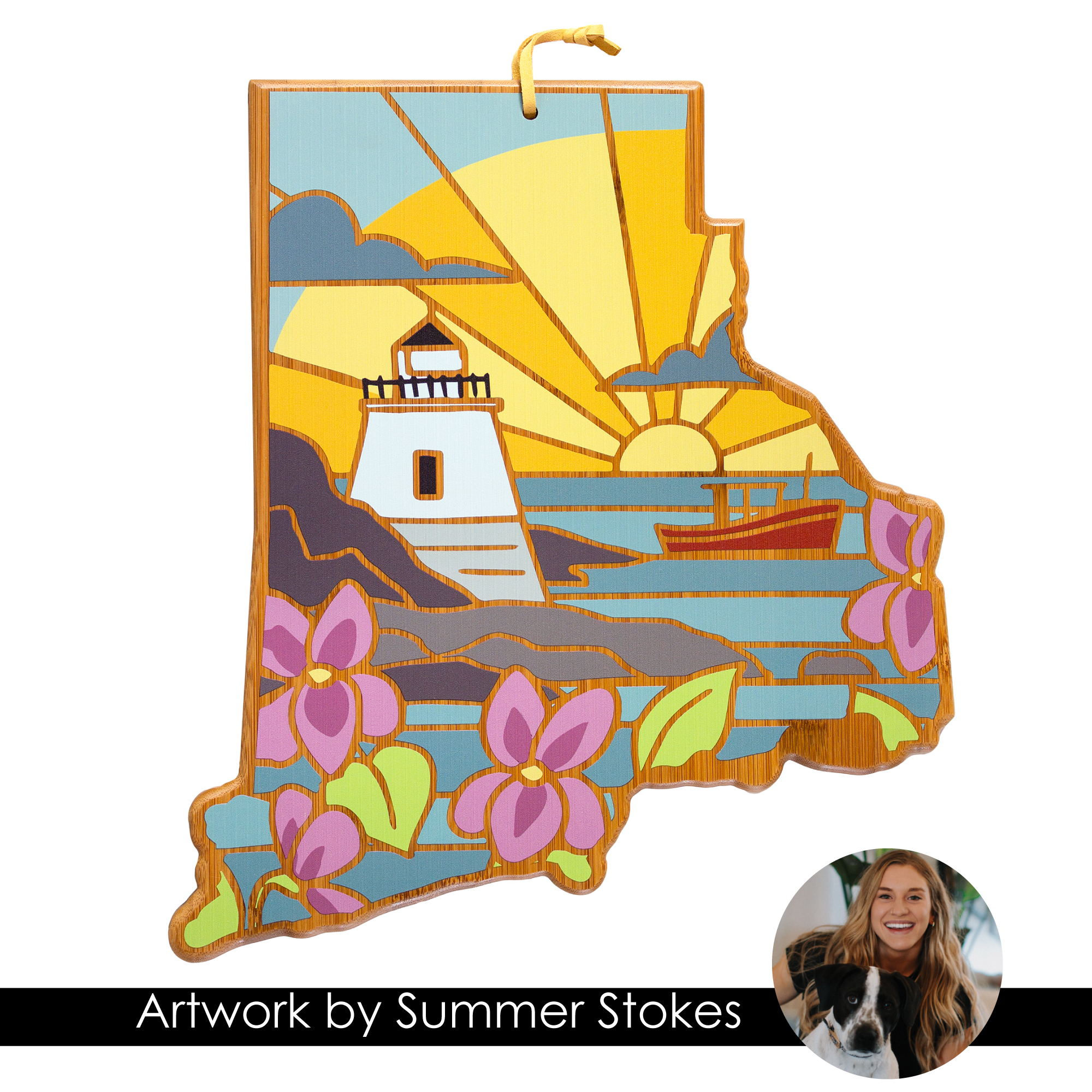 Rhode Island State Shaped Serving and Cutting Board with Artwork by Summer Stokes 7