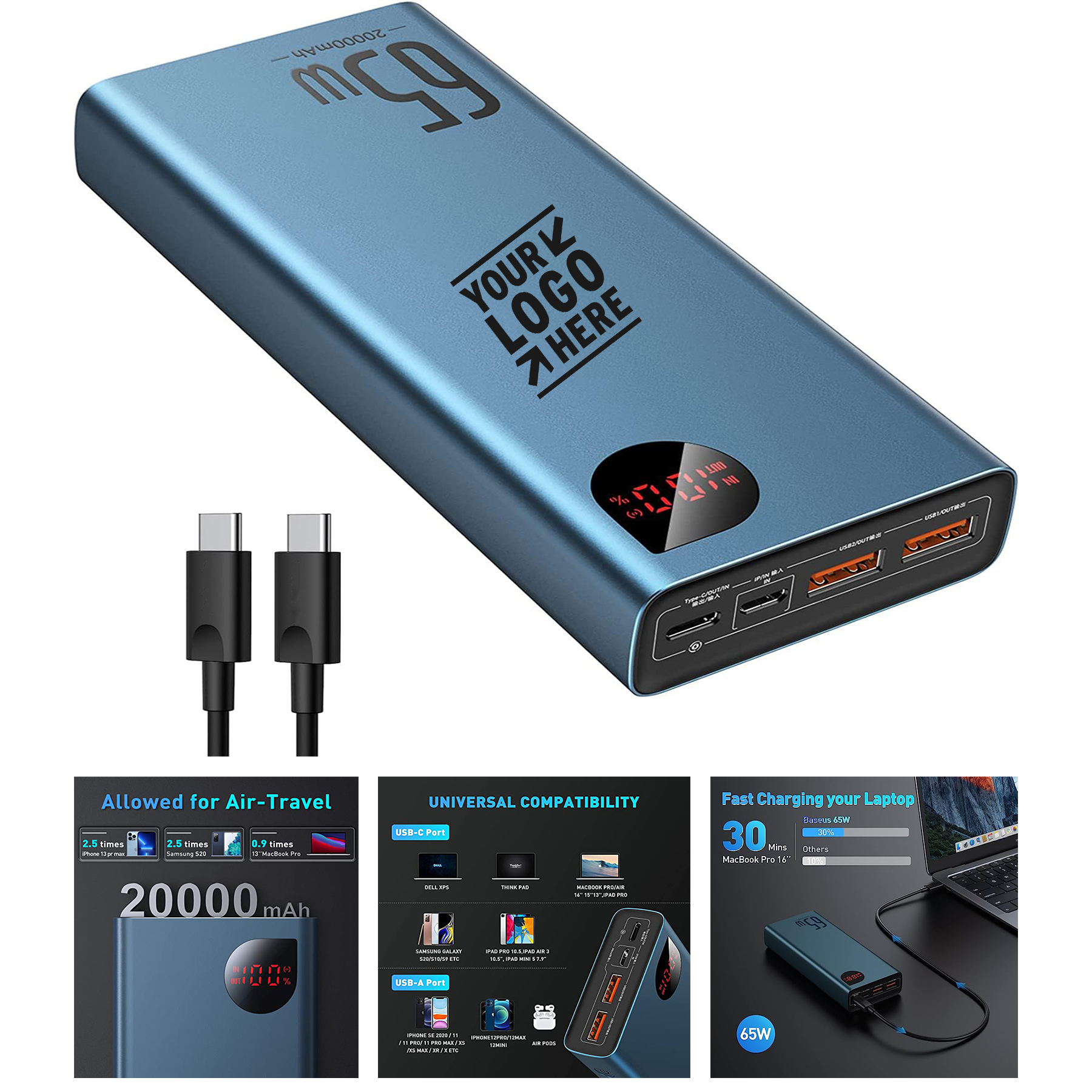 65W 20000mAh Portable Fast Charging USB C 4-Port PD3.0 Battery Pack Laptop Charger Power Bank 