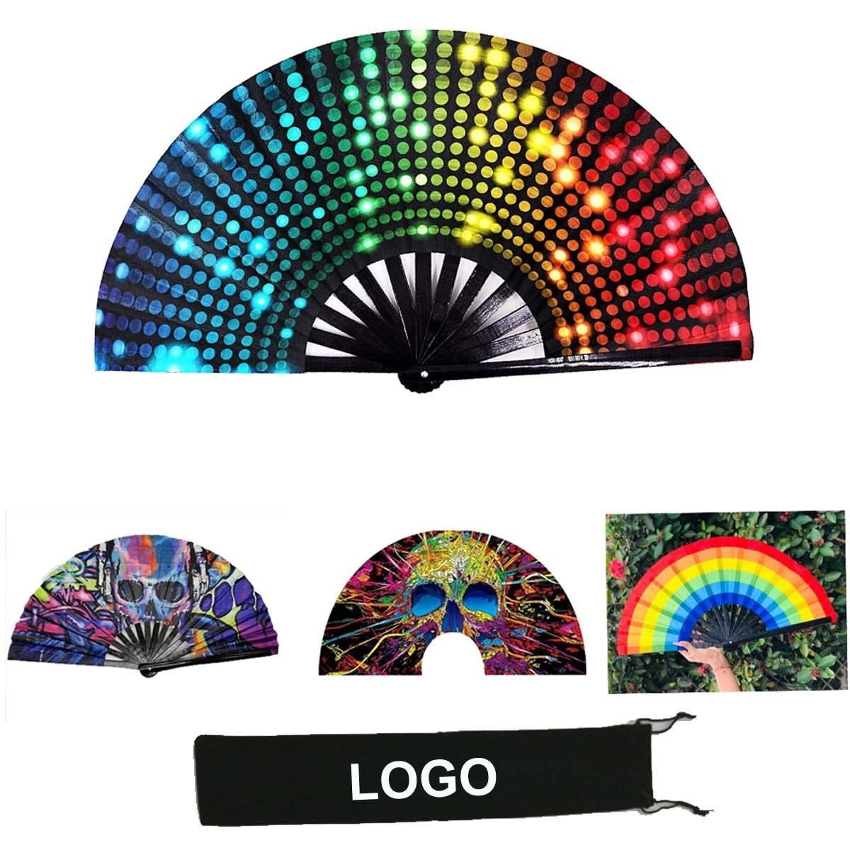 Large Bamboo And Nylon Cloth Folding Hand Rave Fan 3