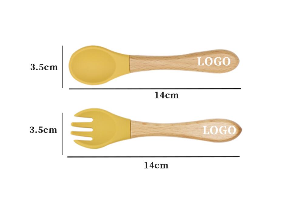 Baby Feeding Wooden Handle Silicone Fork & Spoon Set 2