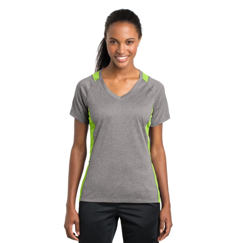 Sport-Tek Women's Heather Colorblock Contender V-Neck Tee. 21