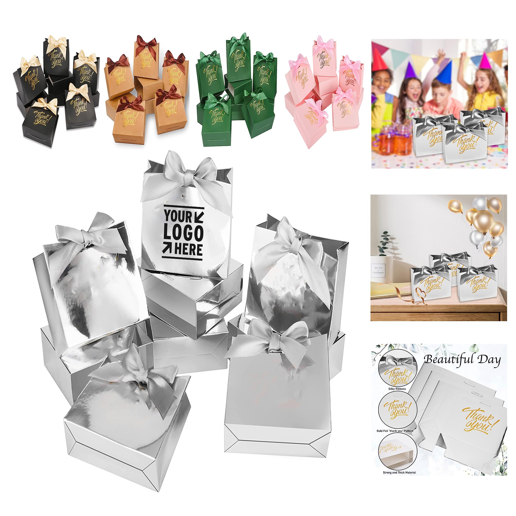 4.5 x 1.8 x 3.9 Inches Party Favor Silver Paper Gift Candy Bag with Bow Ribbon 2