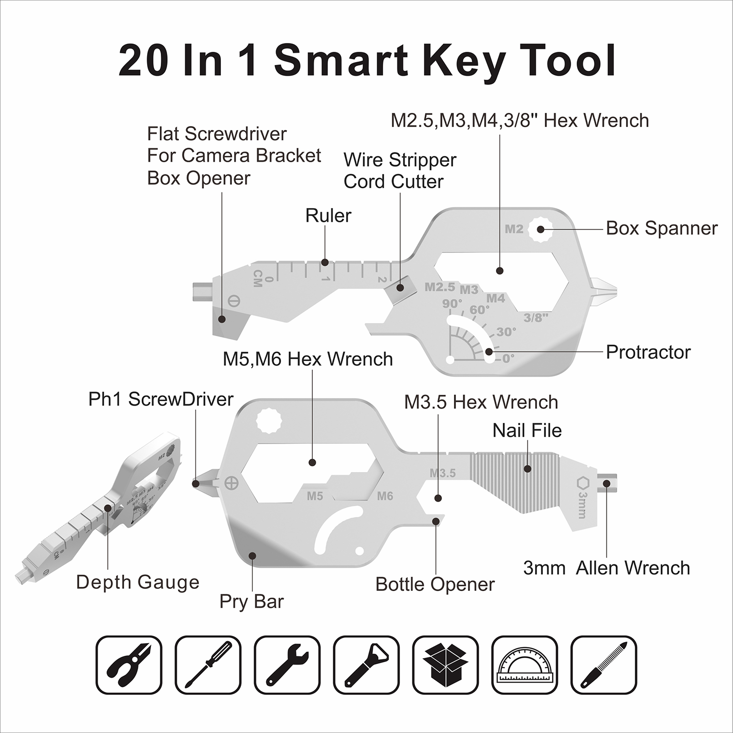 GearCard 20-in-1 Smart Key Multi-Tool – Stainless Steel EDC Keychain Tool with Wrenches & Openers 9
