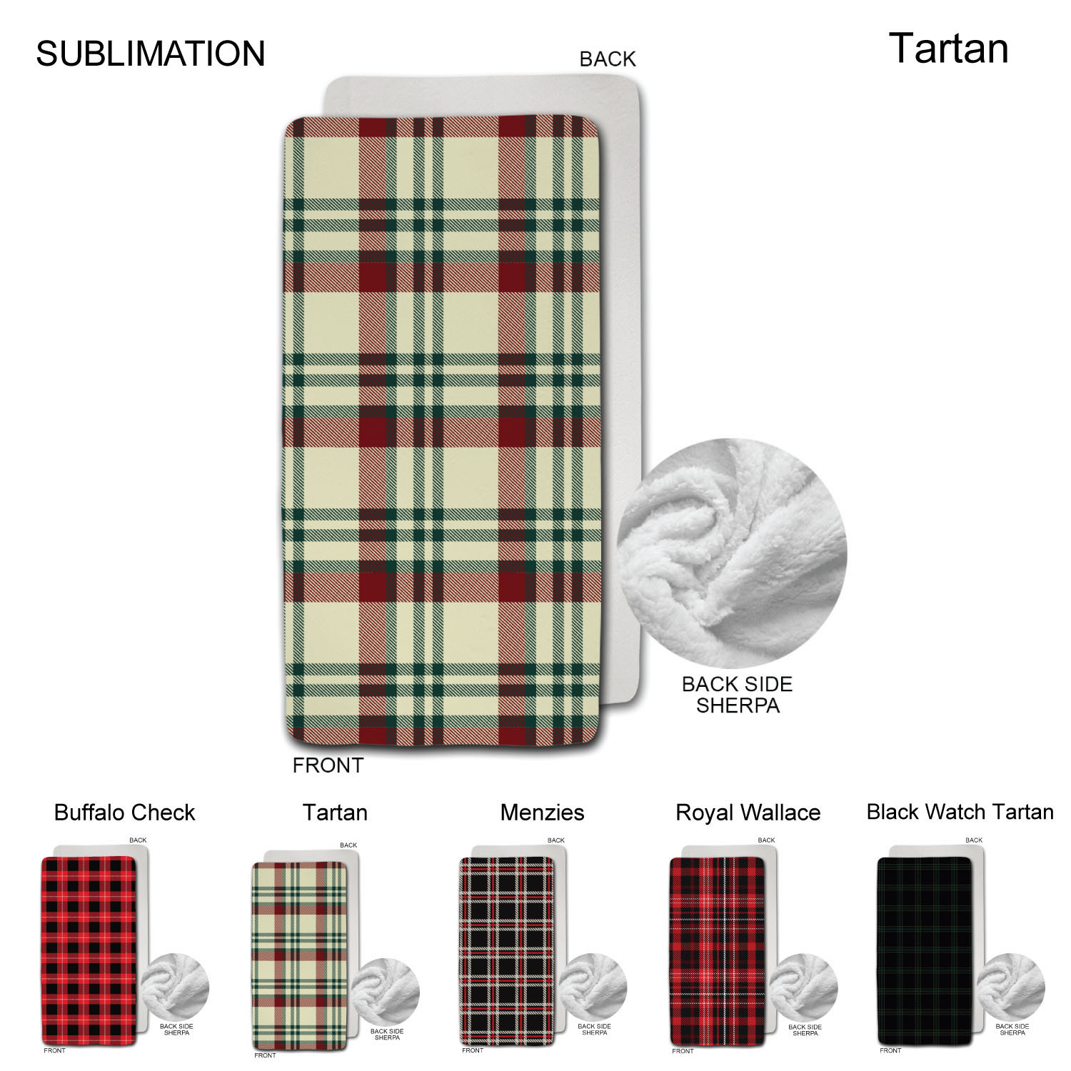 Stock Plaid Design Plush Sherpa Lined Micro Mink Throw, 30"x60", Sublimated 3