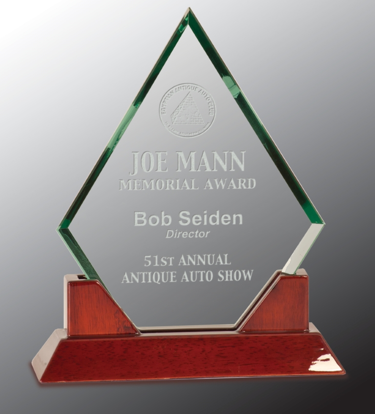 9 1/2" Diamond Prestige Glass Award with Rosewood Piano Finish Base