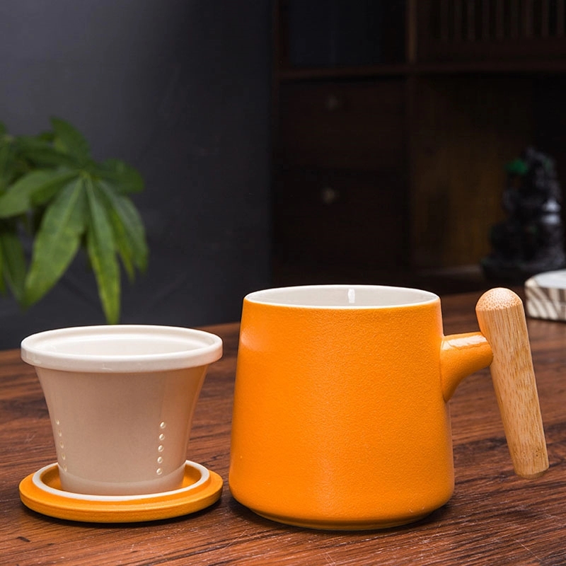 Custom 13.5oz bamboo handle ceramic mug with strainer 2