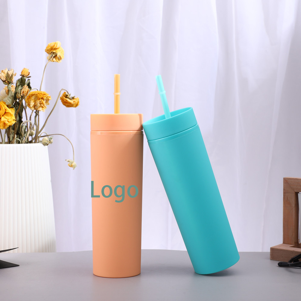 16oz Double-layer Plastic Straight Cup SKINNY Rubber Paint Tumbler / Straw 8