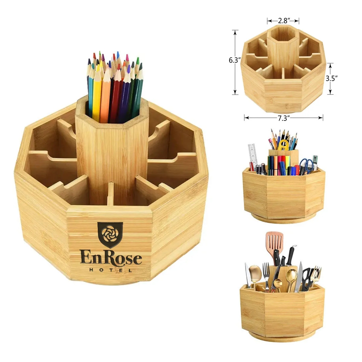 Bamboo Rotating Office & Art Supply Desk Organizer 1