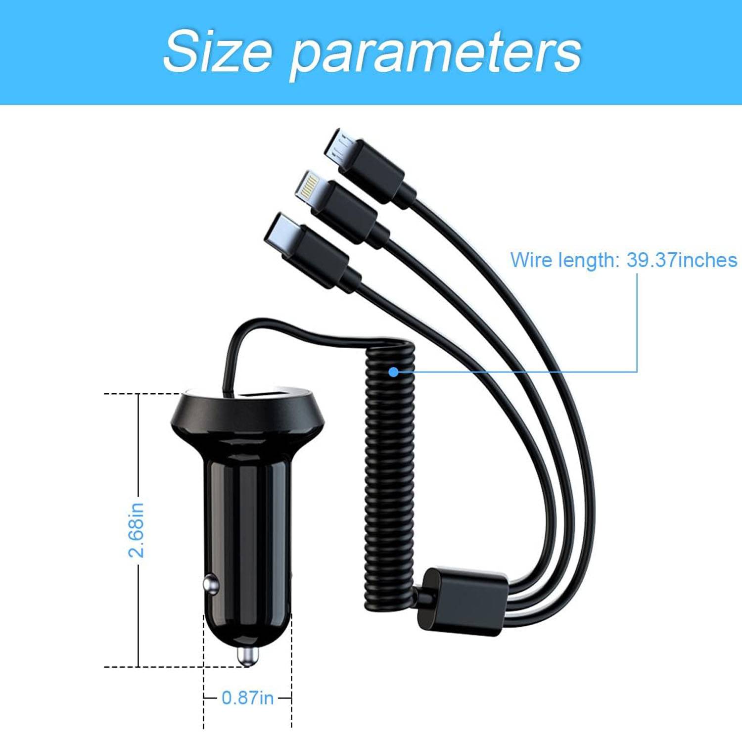 3 in 1 Fast Dual Ports Car Charger with Stretchable Cable 2